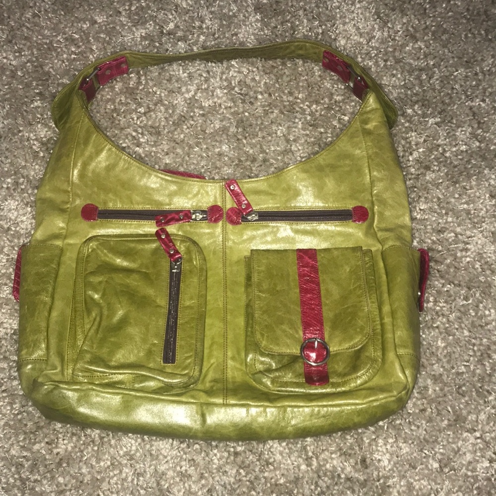 MU PINK/GREEN LEATHER HOBO BAG